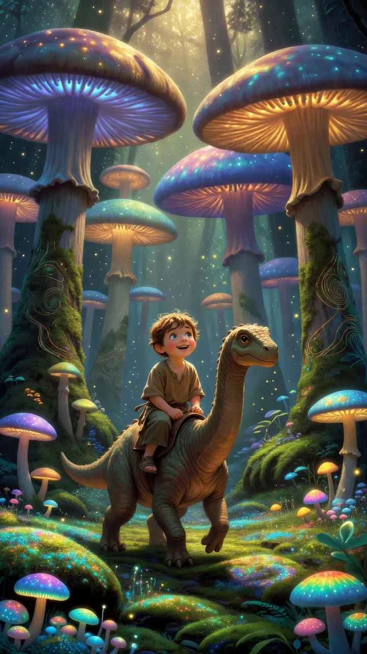 A child riding a dinosaur through a forest of glowing mushrooms - a dream painted by DreamCrane